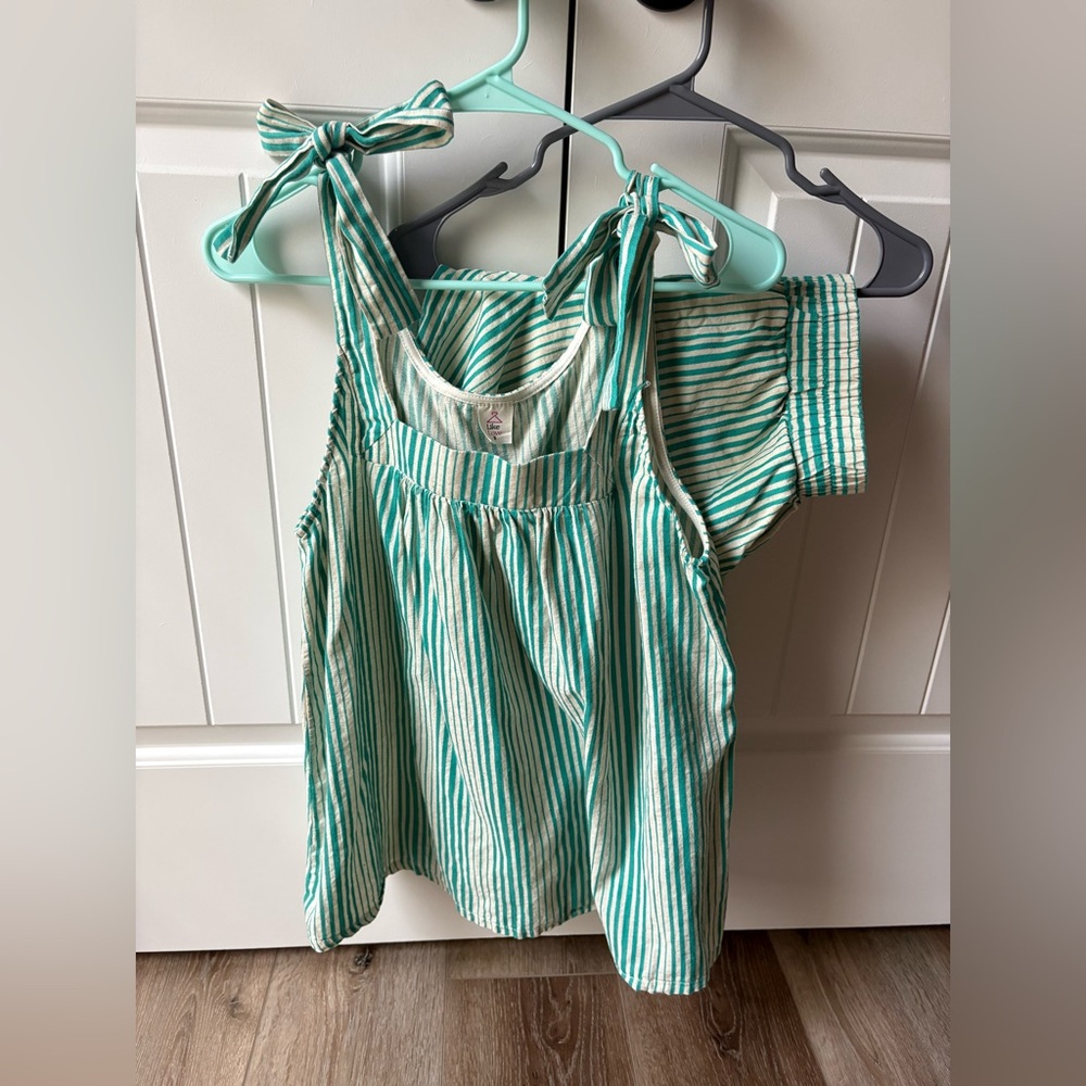 Striped Tie-Shoulder Short Set - Blue/White